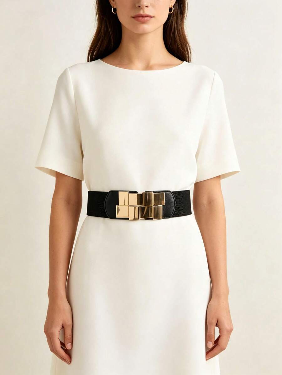 Elastic Wide Belt For Women Gold Metal Buckle Waist Cincher Stylish Dress Accessory - Black - View 1