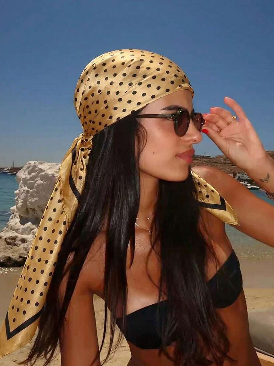 1件波希米亞風時尚圓點印花女款緞面圍巾,休閒優雅頭巾防曬披肩,適合日常穿著 - 香檳色 - 查看 1
