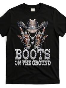 Camiseta con estampado de estilo vaquero occidental, botas en el suelo, cuello redondo, manga corta, cómoda para las cuatro estaciones, lavable, duradero y suave, serie Linedance Friends, top con estampado llamativo, Ev - Negro - Ver 1