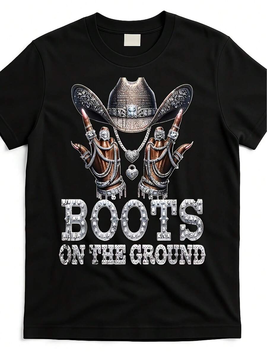 Camiseta con estampado de estilo vaquero occidental, botas en el suelo, cuello redondo, manga corta, cómoda para las cuatro estaciones, lavable, duradero y suave, serie Linedance Friends, top con estampado llamativo, Ev - Negro - Ver 1