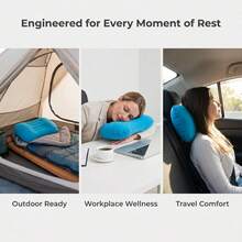 1pc Inflatable Pillow, Foldable And Portable, Press To Inflate, Soft Fleece Pillow, Suitable For Travel, Airplane, Car, Home, Office Nap, Camping And More. Lightweight And Foldable, Travel Essential. - Blue - View 3