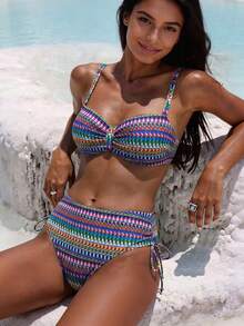 Bộ bikini thời trang phong cách Bohemian | Áo bikini có gọng, điểm nhấn nơ và bèo nhún + Quần bikini cạp cao có thể điều chỉnh | Họa tiết hình học nhiều màu | Đồ bơi không thể thiếu cho kỳ nghỉ biển - Nhiều màu - Xem 1