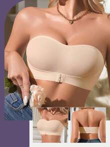 Women Invisible Strapless Push Up Bra Front Closure Convertible Bandeau W/ Clear Straps - Apricot - View 5