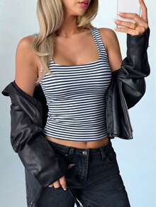 Women's Summer/ Fall Y2K Sexy Color Block Striped Cami Tank Top Slim Fit Layering Basic Top For Daily Wear - Blue and White Stripes - View 6