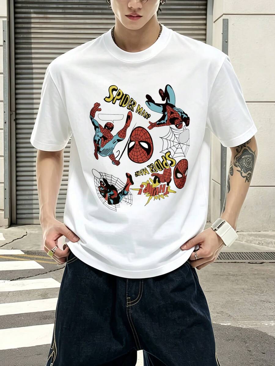Marvel Marvel Comics Spider Man Action Pose Web Graphic T Shirt 100 Percent Cotton Men's Clothes Men's Shirt Men's Summer Outfits Marvel Series Gifts For Men Streetwear - 白色 - 查看 1