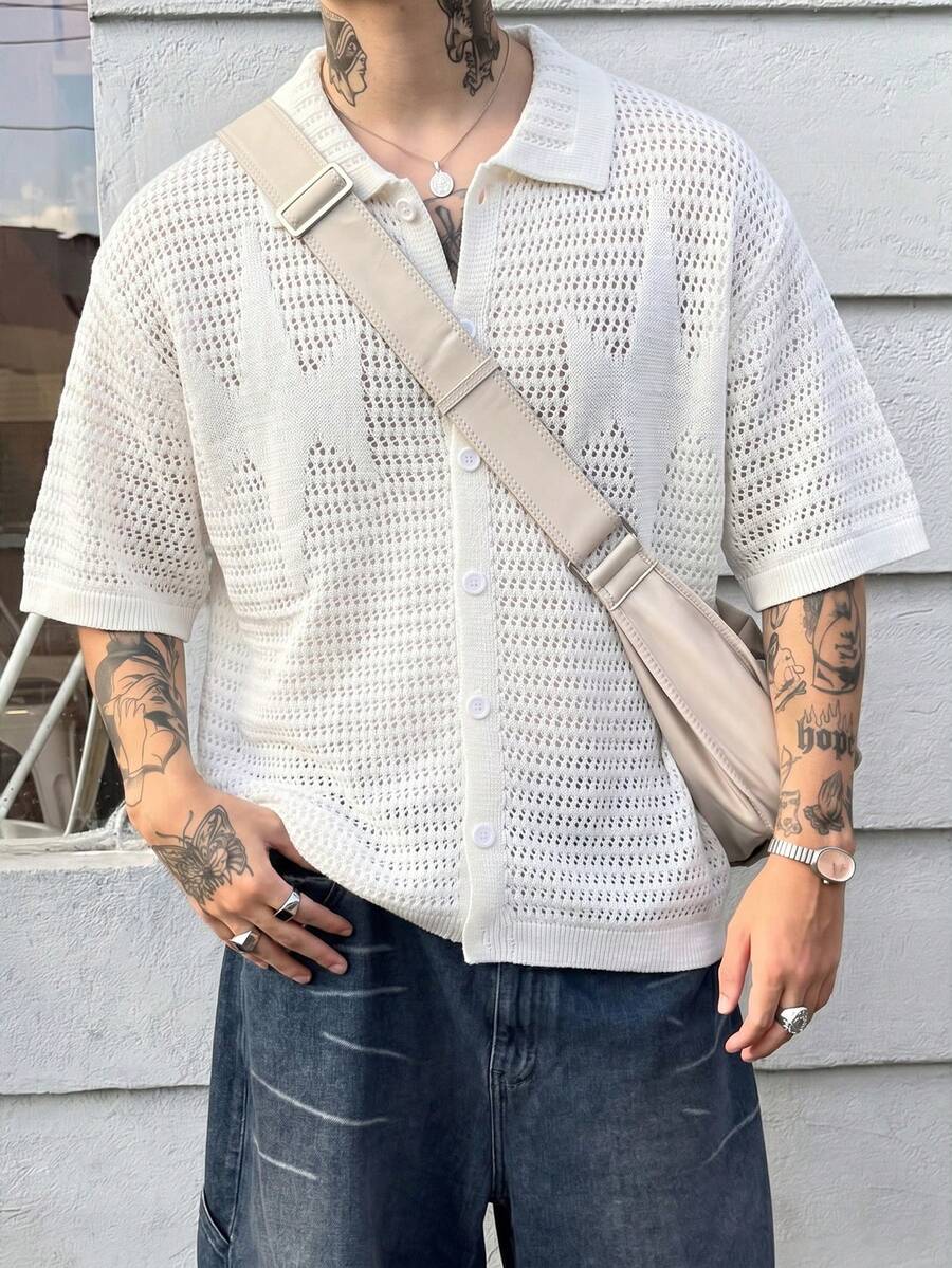 ANDREILEE 春夏男士中性圖案寬鬆舒適網眼 Polo 領鈕扣開襟針織短袖開衫,街頭風休閒百搭白色開學季針織衫 - 白色 - 查看 1