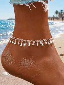 1pc Simple Versatile Random Rhinestone Water Drop Tassel Pendant Women's Anklet (Random Number Of Rhinestone Water Drops) - Silver - View 2