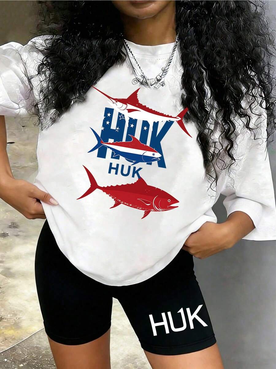 Two-Piece Set Women, HUK Fishing American Flag Three Fish (Red/White/Blue) Print Loose T-Shirt + High-Waisted Cycling Shorts Set, A Casual And Versatile Round-Neck Short-Sleeved Top And Sports Shorts Set, Suitable For Fishing Trips, Outdoor Activities And Daily Wear - White - View 1
