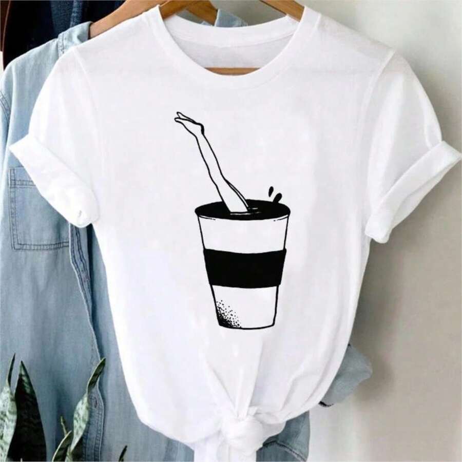 2026 Women's Quality Casual Cotton T-Shirt, Women's T-Shirts With Cartoon And Wine Print, Fun And Fashionable Clothes For Spring Summer, Elegant Women's T-Shirt, Printed T-Shirt For Girls, Unisex Basic T-Shirt - 白色 4 - 查看 1