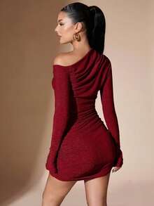 Vestido hombro único brillante manga larga ajustado fiesta primavera - Rojo - Ver 1