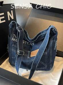 新款极简牛仔新月形单肩斜挎包，带装饰口袋，字母图案装饰，轻便肩带可调节，休闲纯色斜挎包，Tready新月形包，女士款，做旧水洗面料，街头牛仔风格，学院风背包 - 藍色 - 查看 9