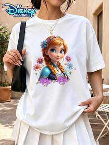 Disney Princess Anna Q-Version Floral Print Round Neck T-Shirt, Women's Short-Sleeved Casual And Comfortable Top For Students. - 白色 - 查看 1