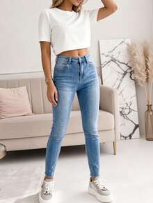 Women's Skinny Jeans With Stretch, Pockets, Comfortable, Button-Down Design, Simple And Suitable For Everyday Wear. - Skinny Blue - View 4