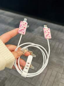 4件組蝴蝶拼接櫻桃蝴蝶結圖案充電器保護套組，適用於Apple 18/20W充電器，防止線材龜裂、防污，可愛時尚日韓風設計，節日小禮物，送給好友女友 - 彩色 - 查看 3