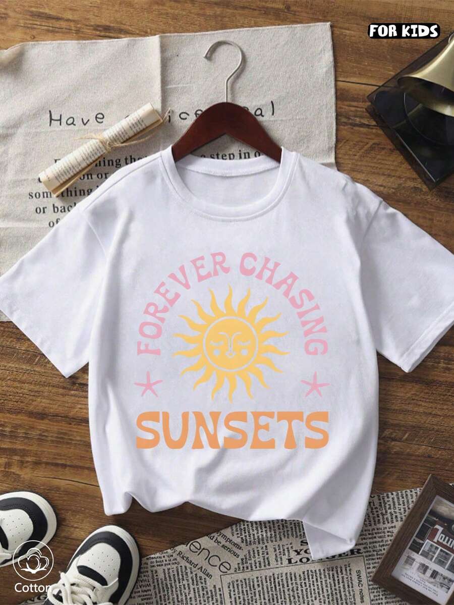 Maglietta personalizzata in cotone, T-shirt a maniche corte con collo rotondo per primavera/estate, stampa cartoni animati, adatta per il tempo libero quotidiano, vacanze, spiaggia, bambini - Bianco - Visualizzare 1