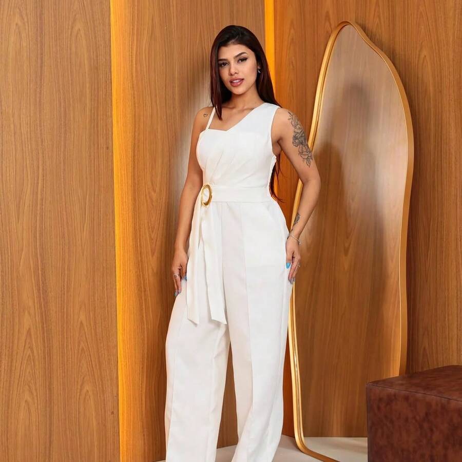 Polyester Jumpsuit - White - View 1