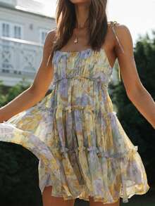 Vacation Style Ruffle Hem Sexy Cami Dress - Yellow - View 4