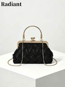 Vintage Faux Leather Crossbody Bag For Women, Retro Style Buckle Lock Mini Handbag With Adjustable Strap, Solid Color Lightweight City Tote Bag With Polyester Lining, Unisex - Black - View 2