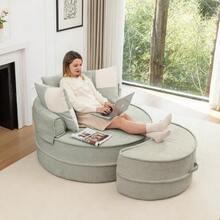 Round Beige Sofa With 5 Cushions And Pouf, Ideal For The Living Room And Bedroom. - Mint Green - View 2