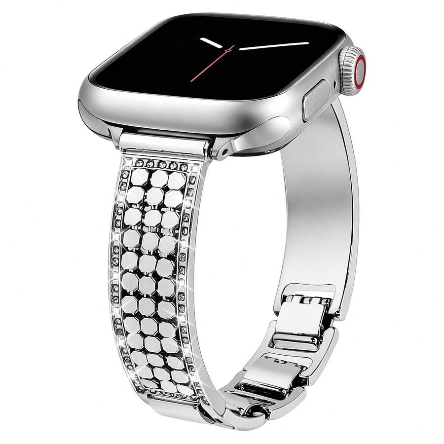 1pc Bling Rhinestone Metal WatchBand Compatible With Apple Watch38/40/41/42/44/45/46/49mm,Honeycomb Design DiamondStudded Stainless Steel Bracelet Strap For Women - Silver - View 1