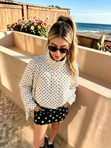Women's Polka Dot Short Jacket, Fashionable Long Sleeve Hoodie Jacket With Drawstring High Collar Vacation White - White - View 4
