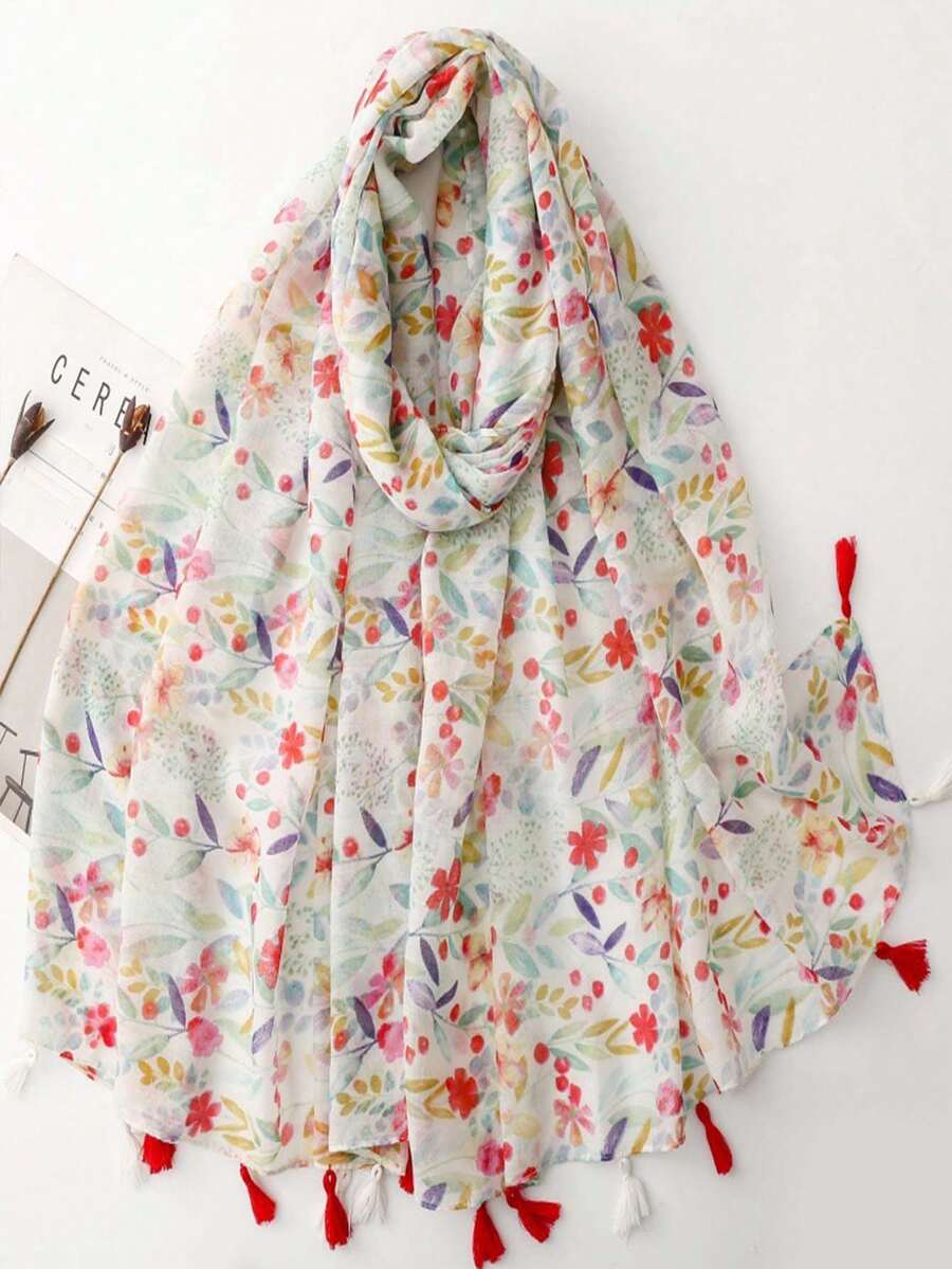 1件薄荷春季藝術水彩花卉與葉子絲巾,青檸黃綠色植物印花流蘇絲巾,度假風女用披肩 - 粉色 - 查看 1