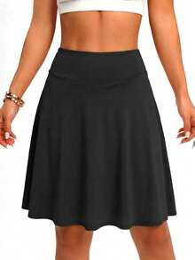 Plus Size Women's Sports Skirt With Built-In Shorts And Pockets, High Waist Golf/Badminton/Tennis Skirt, Casual Fashionable 2 In 1 Yoga Skort With Slit, Spring/Summer - Black - View 5