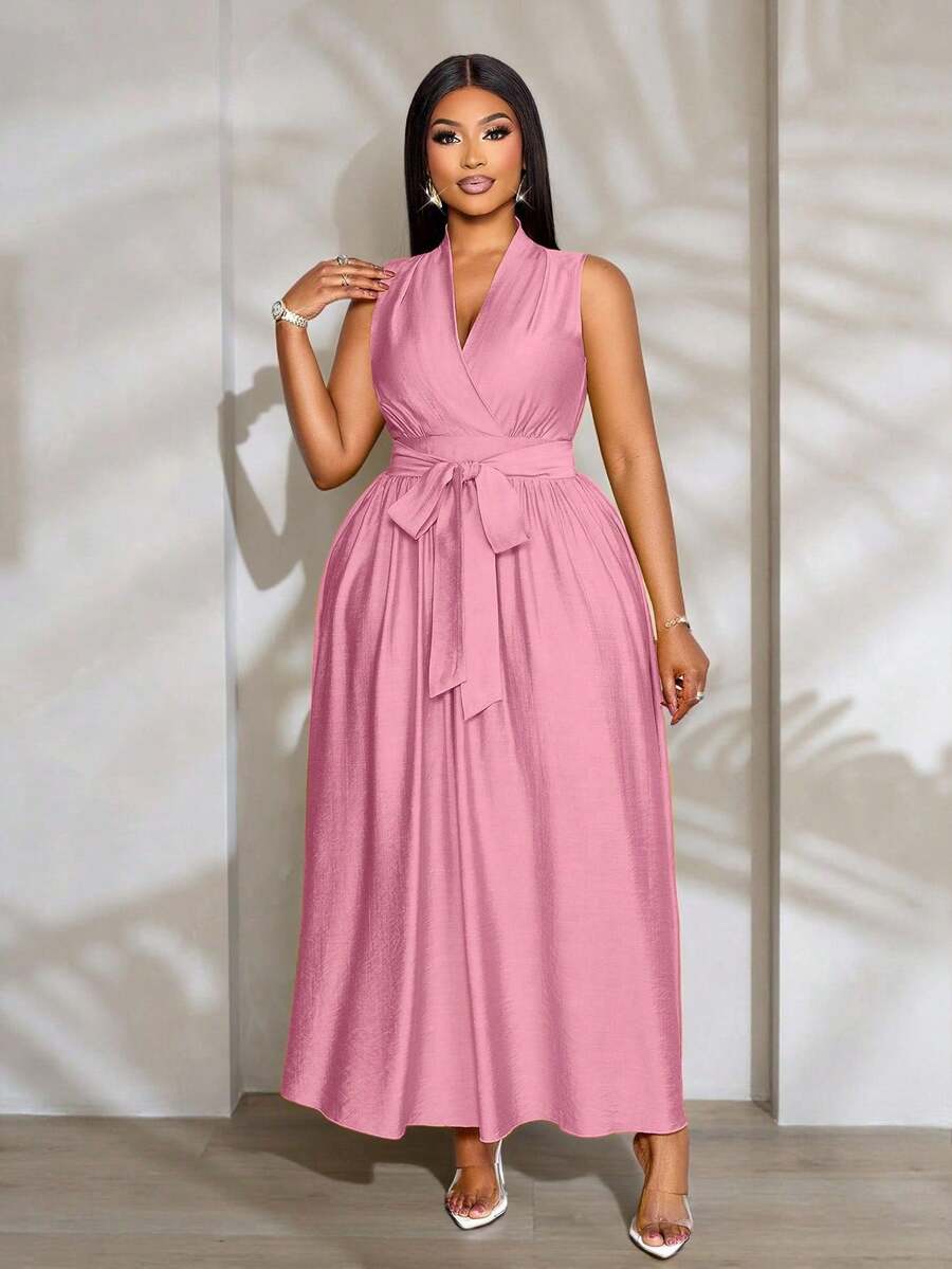 Vestido de talla grande de primavera/verano, nueva llegada, unicolor, tipo lino, con cinturón, cuello en V, sin mangas, proceso especial, cintura elástica, plisado, largo medio, corte A, adecuado para uso diario, reuniones casuales, citas, San Valentín, fiestas de cóctel, ceremonias de graduación, viajes, vacaciones en la playa, festivales de música, carnavales, atuendo de invitado para la temporada de bodas, ropa elegante y sexy, ropa bohemia y ropa de moda para mujeres. - Rosa - Ver 1
