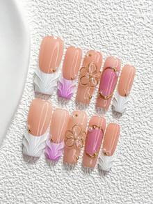 10Pcs Soft Gentle Style Handmade Press On Nail,Polygel Nail Set,Hand Sculpted Five Petal Flowers And Water Ripple,White And Pink Nail Polish,Vibrant Style,Includes Nail Tools,3 Sizes Available,Almond,Duck,Coffin Nails For Party,Dance,Daily Wear. - 彩色 - 查看 13