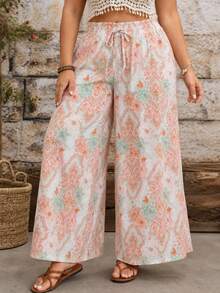Elegant Bohemian Style Paisley Print Wide Leg Pants, Long Length For Plus Size Women, With Faux Drawstring Vacation - Mint Green - View 3