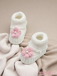 1 Pair Handmade Infant Knitted Flower Boots, White Infant Crib Shoes - Pink - View 8