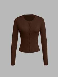 Áo khoác cardigan dệt kim dài tay cổ tròn, ôm eo, màu nâu, phong cách thường ngày dành cho nữ, thích hợp cho kỳ nghỉ xuân/thu. - màu nâu - Xem 3