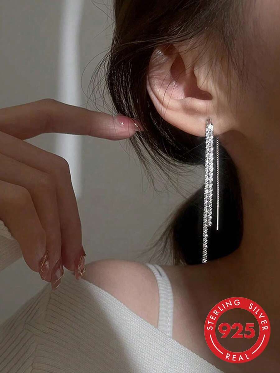 2pcs Elegant S925 Sterling Silver Tassel Earrings Sparkling Starry Sky Design Fashion Jewelry Gift For Women - Silver - View 1