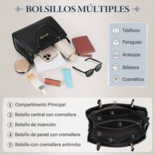Bolsa de Mano Elegante de PU Impermeable con Pompon Desmontable, doble forma de uso, múltiples bolsillos, ideal para oficina, mercados, playa y paseos turísticos - Negro - Ver 5