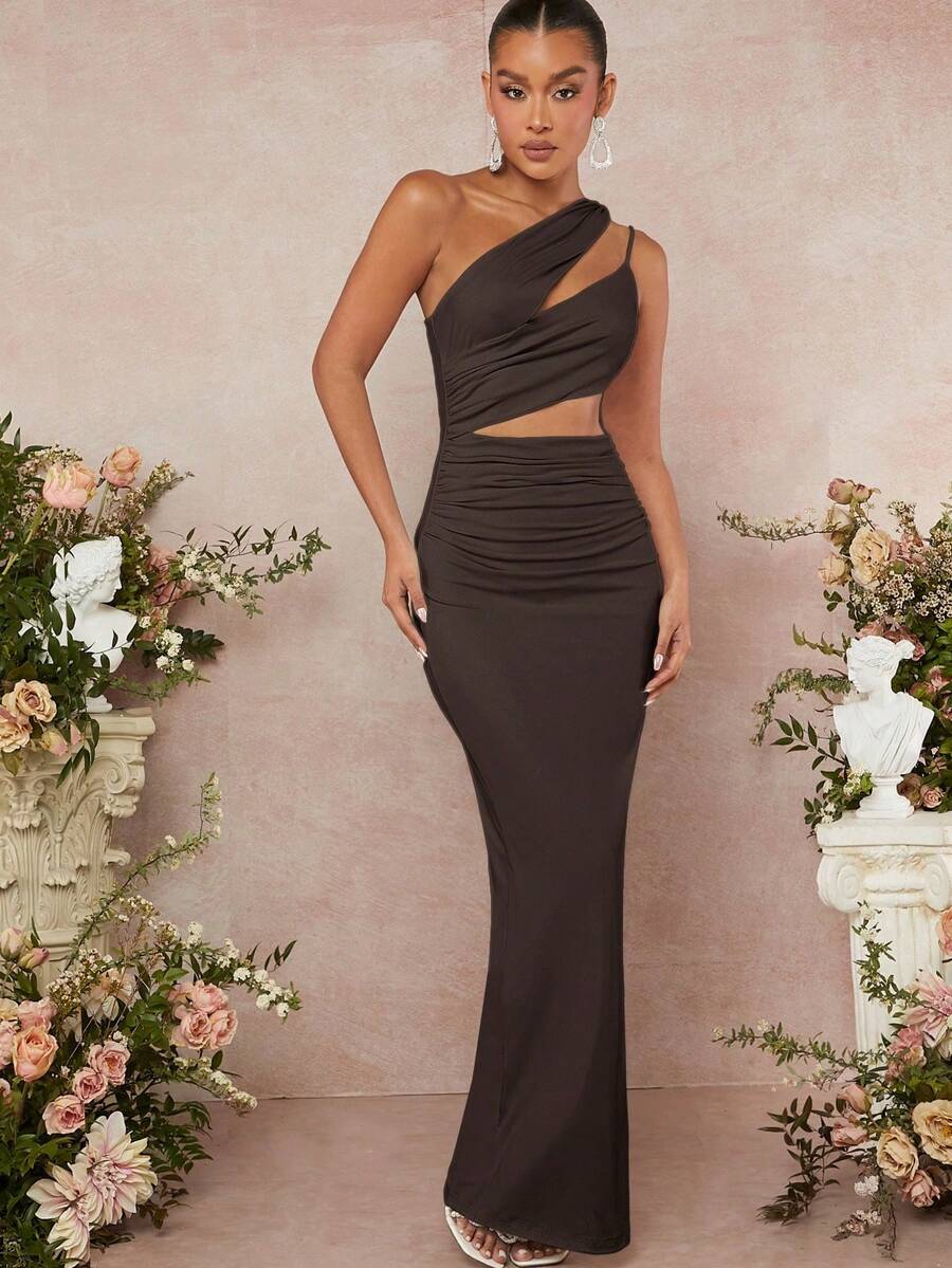 xheL'Amorae Vestido con hombro descubierto, corte entallado y arruchadoxhe - Marrón - Ver 1