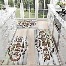 Vintage Camper Print Kitchen Rug, Non-Slip Welcome To Our Camper Floor Mat, Rustic Wood Grain Decorative Area Carpet For Kitchen, Laundry Room And Home Decor - 白色 - 查看 3