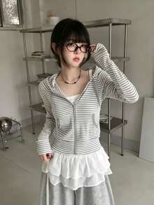 Striped Short Hooded Zip-Up Casual Jacket - Light Grey - View 4