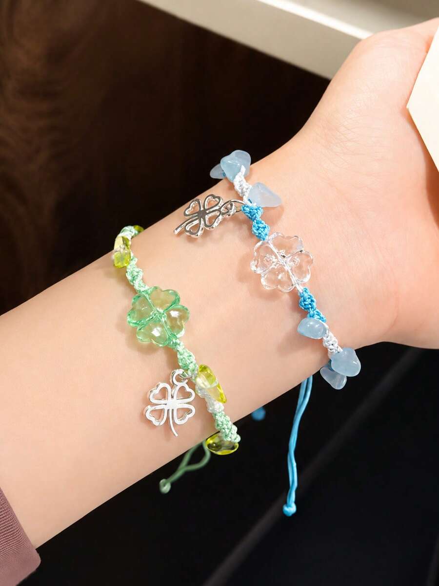 2pcs Ins Style Fresh Woven Clover Pendant Bracelet Bangle For Couples And Best Friends - Blue-green - View 1