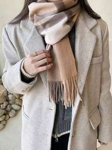 1pc 100% Wool Plaid Scarf, High-Quality Women's Shawl, New Winter Warm Gift,Holiday,Travel Essential - Khaki - View 3