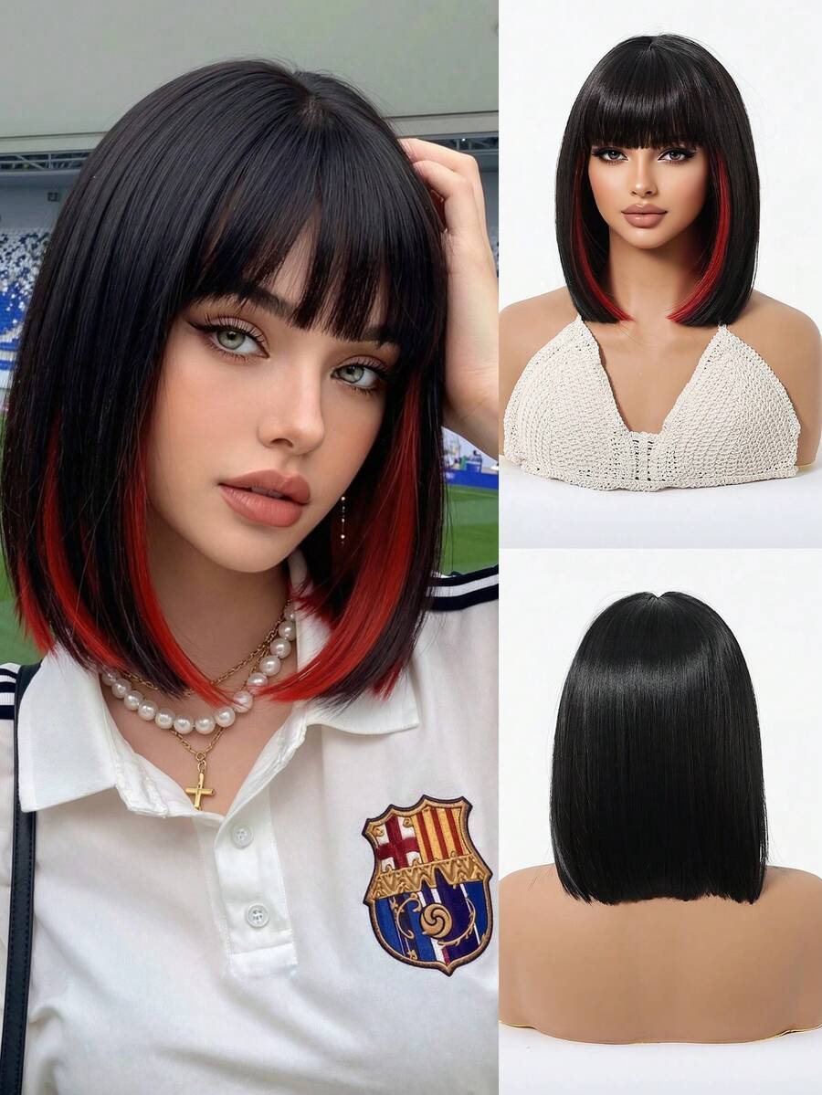 12 Inch Short Bob Wig With Bangs - Black Base With Red Highlights Synthetic Wig | Straight Short Wig | Heat Resistant Synthetic Fiber Wig | Rose Net Cap Short Bob Cut Wig With Bangs | Women's Daily Party Wedding Synthetic Hair Wig, Halloween - Black - View 1