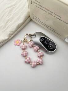 1 pièce Porte-clés créatif imprimé à carreaux avec chaîne de perles en forme de cœur, anneau à ressort floral en forme de fleur de prunier avec crochet ouvert, accessoire de bijoux, porte-clés, bracelet de téléphone à perles en forme de cœur perforé de couleur crème unie avec imprimé à carreaux multicolore, accessoire de bijoux DIY, porte-clés à perles en forme de cœur, accessoire de sac universel, breloque de bouteille d'eau, chaîne de téléphone et porte-clés - A - Voir 2
