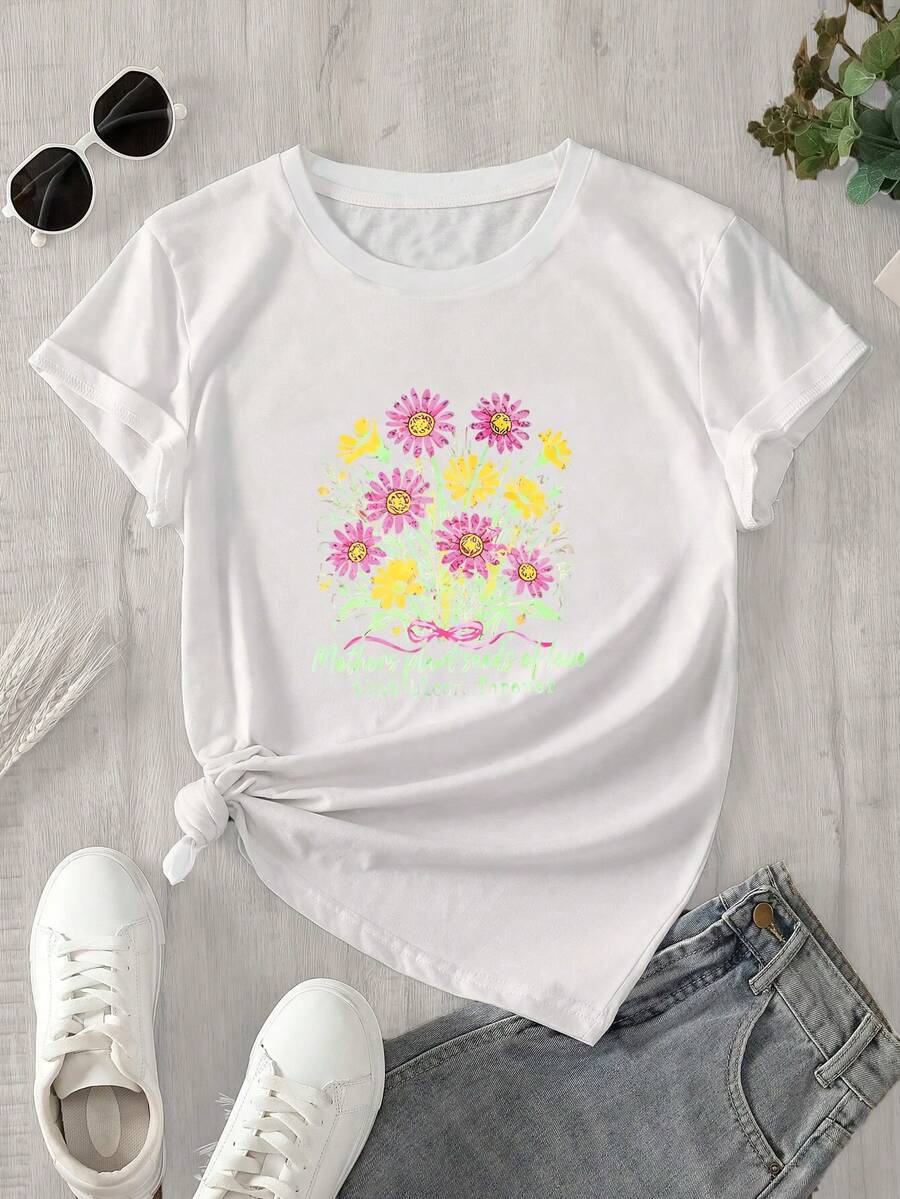 Top de mujer de manga corta y cuello redondo con estampado floral rosa y amarillo, apto para todas las estaciones. - Blanco - Ver 1