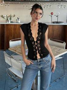Gothic Y2K Contrast Lace Deep V Neck Cap Sleeve Slim Fit Top For Night Out & Date Night - Negro - Ver 7