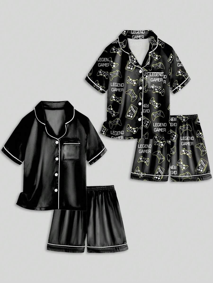 Tween Boy Game Console Pure Black Short Sleeve Shorts Pajama 4-Piece Set