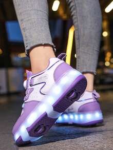 Girls 4-Wheel Roller Shoes, New Style Children's Roller Sports Shoes, Fashionable Rotating Buckle Adjustable Roller Skates, PU Leather Lightweight Durable Hidden Roller Shoes, All-Season LED Light-Up Shoes, USB Rechargeable With Light Switch, Detachable Wheels, 2-In-1 Roller Skates, Inline Skates, Sports Shoes With Wheels - Purple - View 5