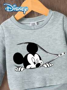 Disney Autumn Mickey Mouse Cute Long Sleeve Sweatshirt And Long Pants Set For Baby Boys And Newborns With 3D Zipper Peek-A-Boo Mickey Mouse Cute Cartoon Pattern, Slight Stretch, Suitable For Daily Wear And Gift Giving - Grey - View 4