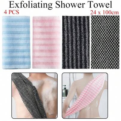 4PCS Exfoliating Bath Towel - Double-Sided Scrubbing And Massage Sponge, Super Soft Striped Design Microfiber Material, Square Shape Suitable For Shower, Unisex, Daily Essential Bathroom Item, Shower Accessory, Fashionable Style, Durable Fabric, Face Towel