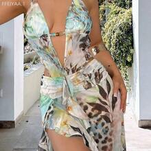 MewMuse. Vestido de vacaciones elegante y ajustado con estampado floral de leopardo y cuentas, adecuado para vacaciones en la playa, vestido maxi de vacaciones, vestido de playa, vestido sin espalda, fiesta de primavera/verano - verde menta - Ver 5