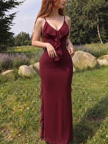 Red Backless V-Neck Maxi Dress, Bohemian Ruffle Pleated Tie-Back Elegant Sexy Dress,For Valentine's Day, Weddings, Vacations And Parties. - Burgundy - View 8