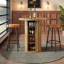 Bar Table Set With 2 Bar Stools, Round Standing Table With Storage Space & 2 Ergonomic Bar Stools, MDF Wood Look, For Bar & Living Room - 木頭 - 查看 4